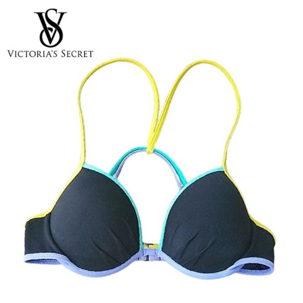 VICTORIA'S SECRET Black + Pastel Straps The Fabulous Push Up Bikini Top 34B - Picture 2 of 8